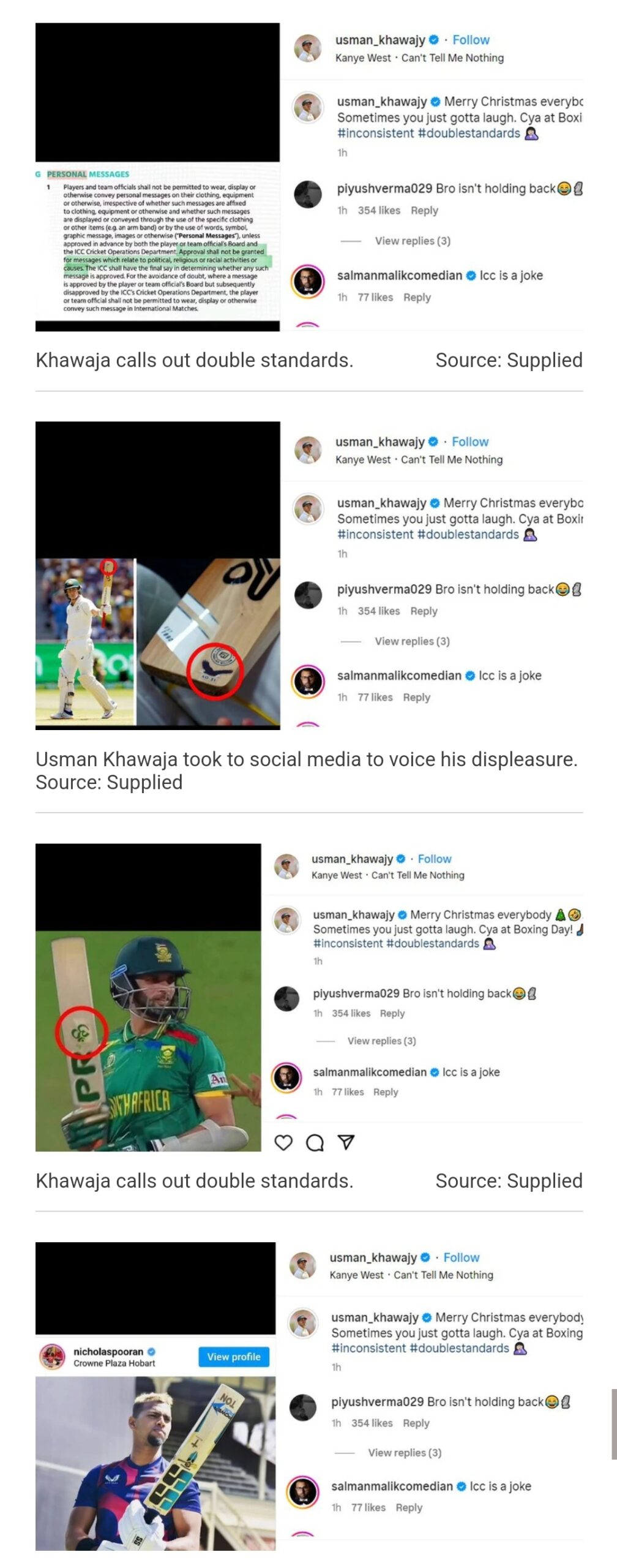 Usman Khawaja Challenges ICC on Alleged 'Double Standards' in Social Media Post